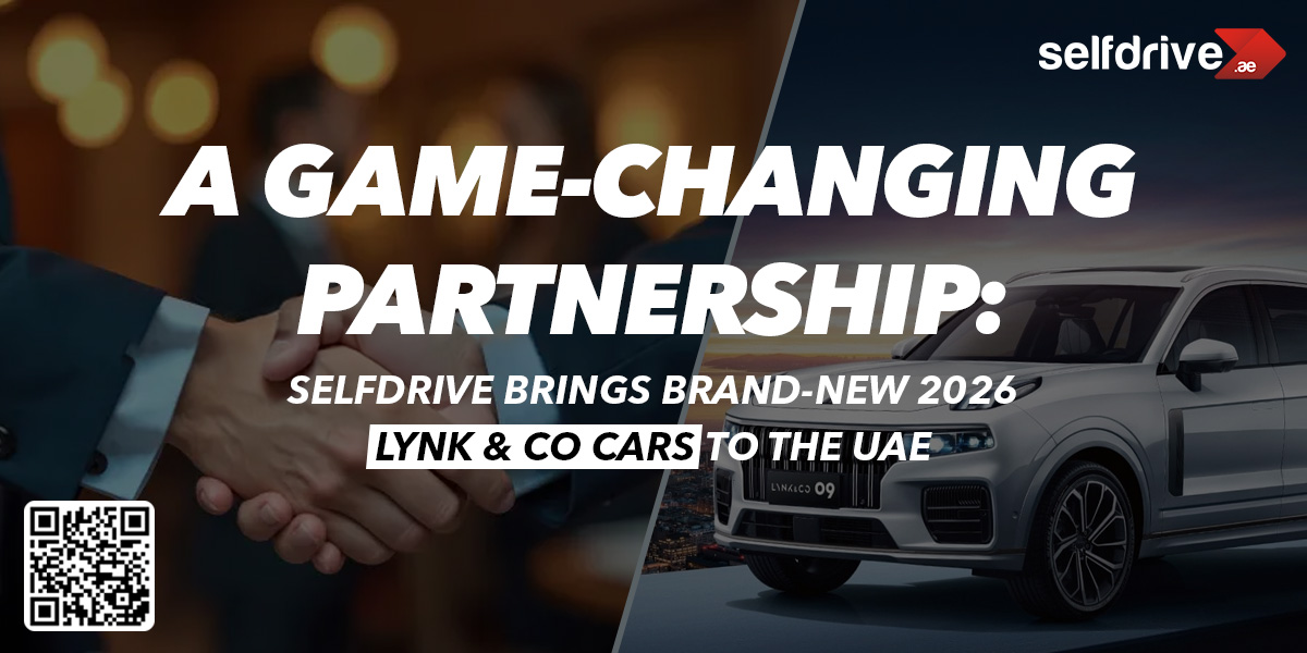 Promotional banner for SelfDrive UAE partnership with Lynk & Co, featuring brand-new 2026 Lynk & Co cars, handshake graphic, "A Game-Changing Partnership" headline, and QR codes.